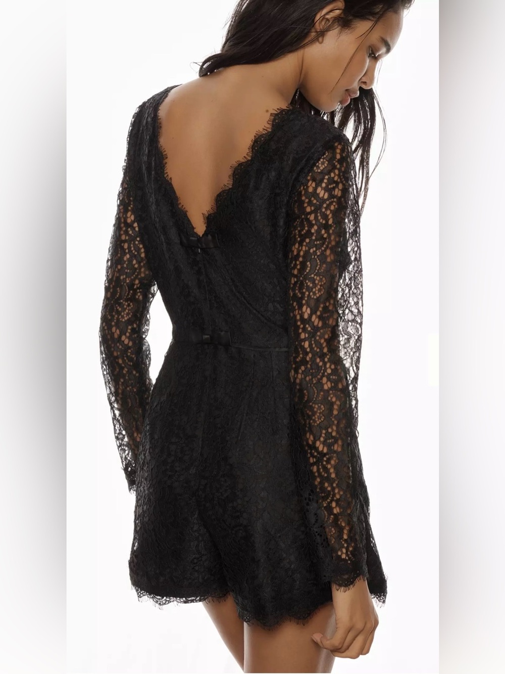 By Anthropologie Long-Sleeve Black Lace Romper with Pockets Size 10 NWT - Picture 3 of 15